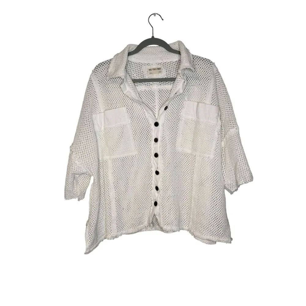 Free People Cream Crochet Button-Up Shirt